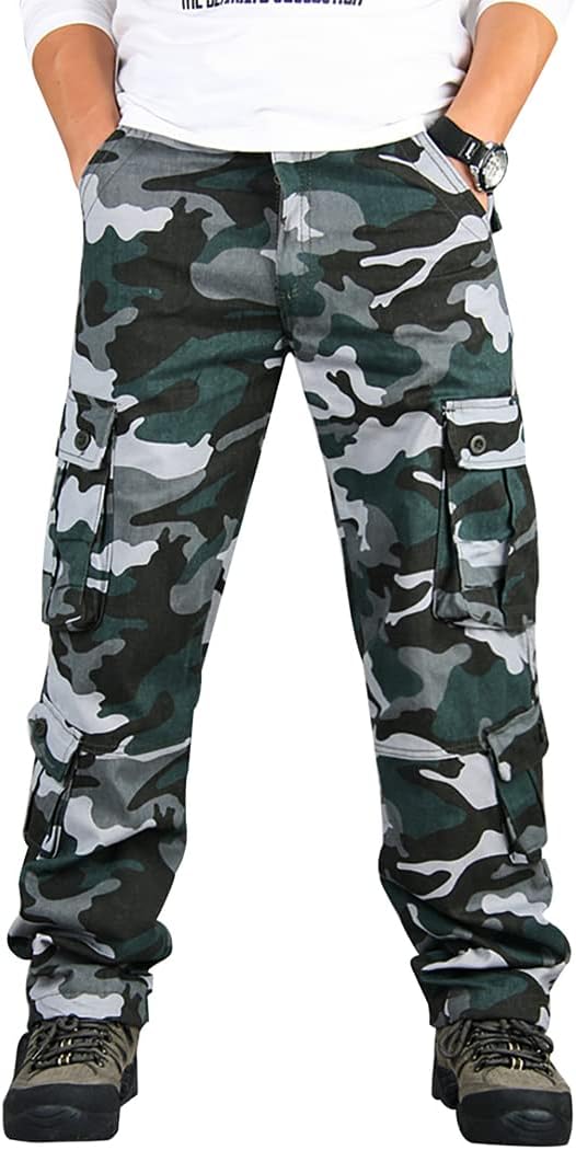 Mens Relaxed-Fit Cargo Pants Multi Pocket Military Camo Combat Work Pants