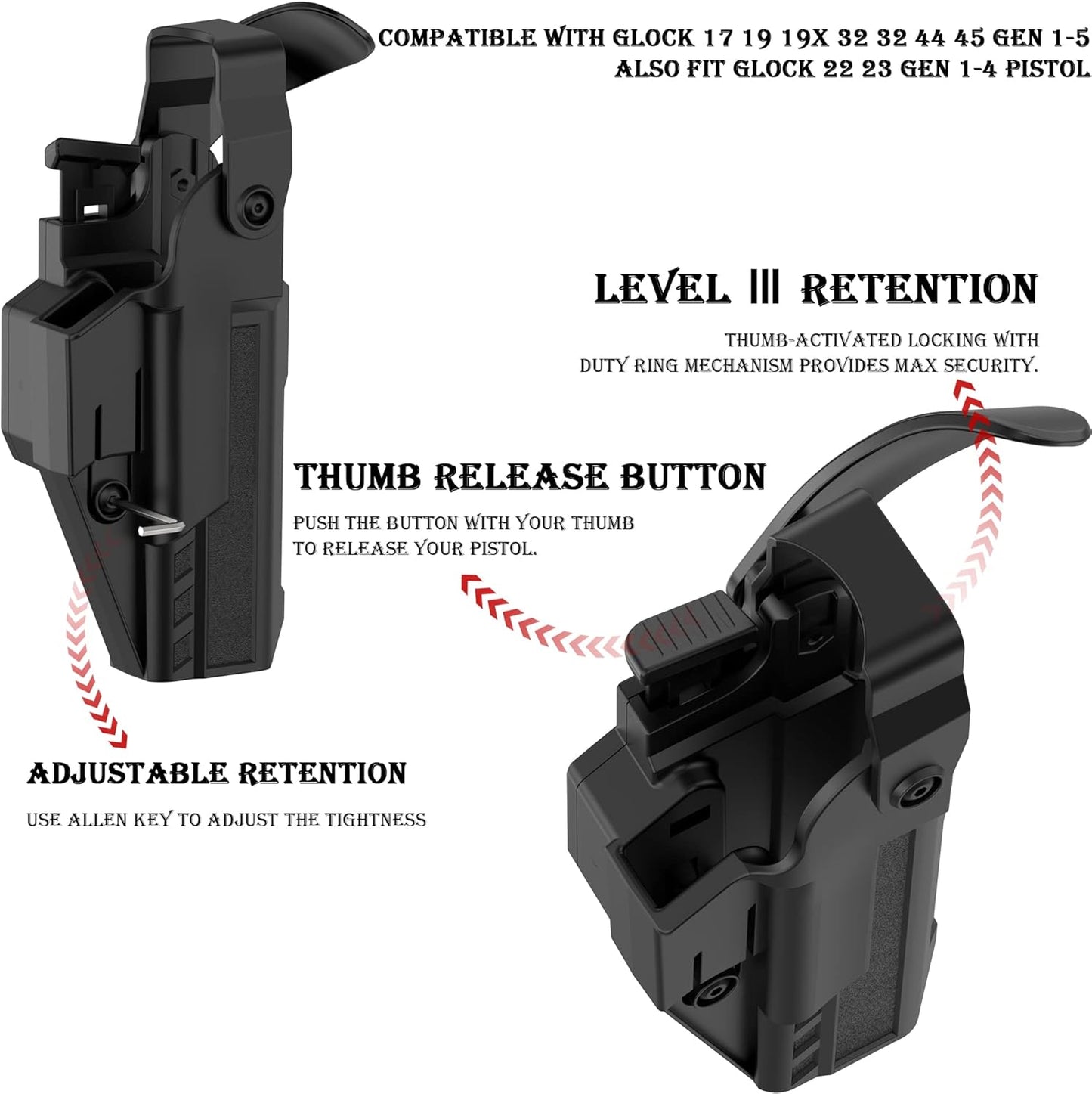 Drop Leg Holster for G17 G19, Tactical Thigh Gun Holsters for Glock 17 19 19X 31 32 44 45 Gen 1-5, for Glock 22 23 Gen 1-4, Level Ⅲ Adjustable Pistol Holster with Non-Slip Strap/Fast Release Buckle