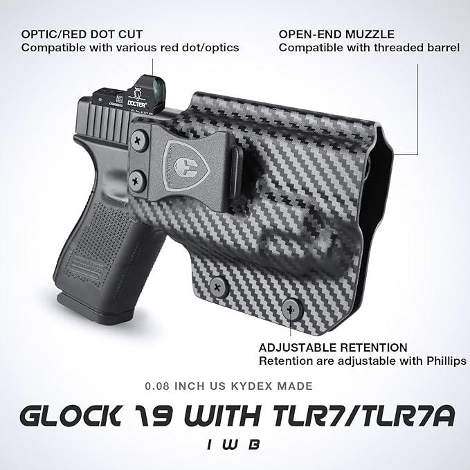 Glock 19 TLR7/TLR7A Holster IWB Kydex Holster Optic Cut Fit: Glock 17 19 19X 44 45 Gen 3-5 & Glock 23 32 Gen 3-4 TLR-7/TLR-7A, Inside Waistband Conceal Carry, Adj. Cant & Retention, Right Hand