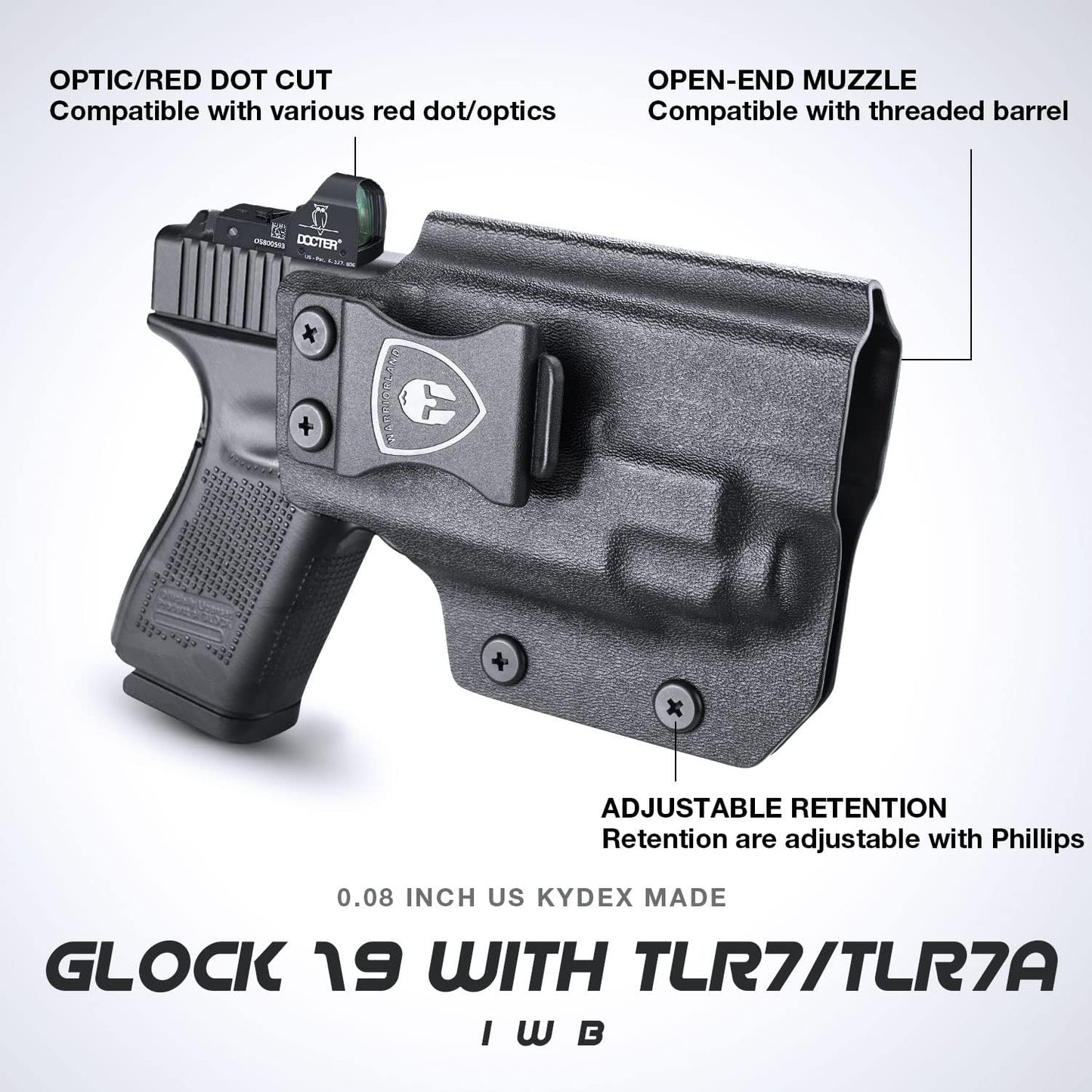 Glock 19 TLR7/TLR7A Holster IWB Kydex Holster Optic Cut Fit: Glock 17 19 19X 44 45 Gen 3-5 & Glock 23 32 Gen 3-4 TLR-7/TLR-7A, Inside Waistband Conceal Carry, Adj. Cant & Retention, Right Hand