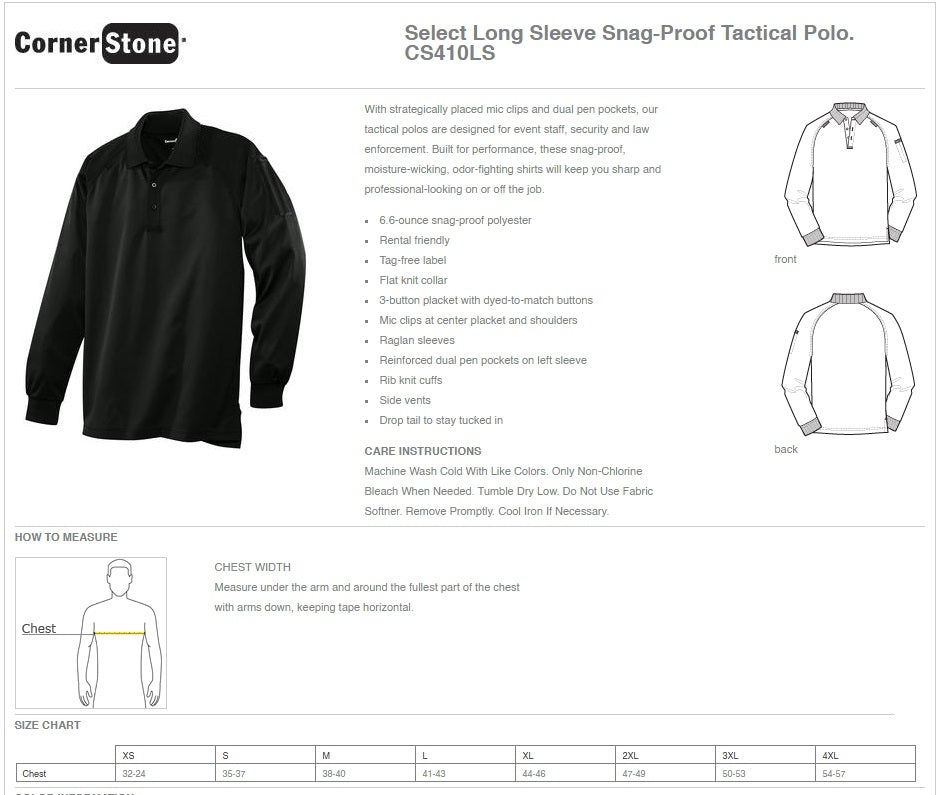 Select Long Sleeve Snag-Proof Tactical Polo  CornerStone® - Ref CS410LS